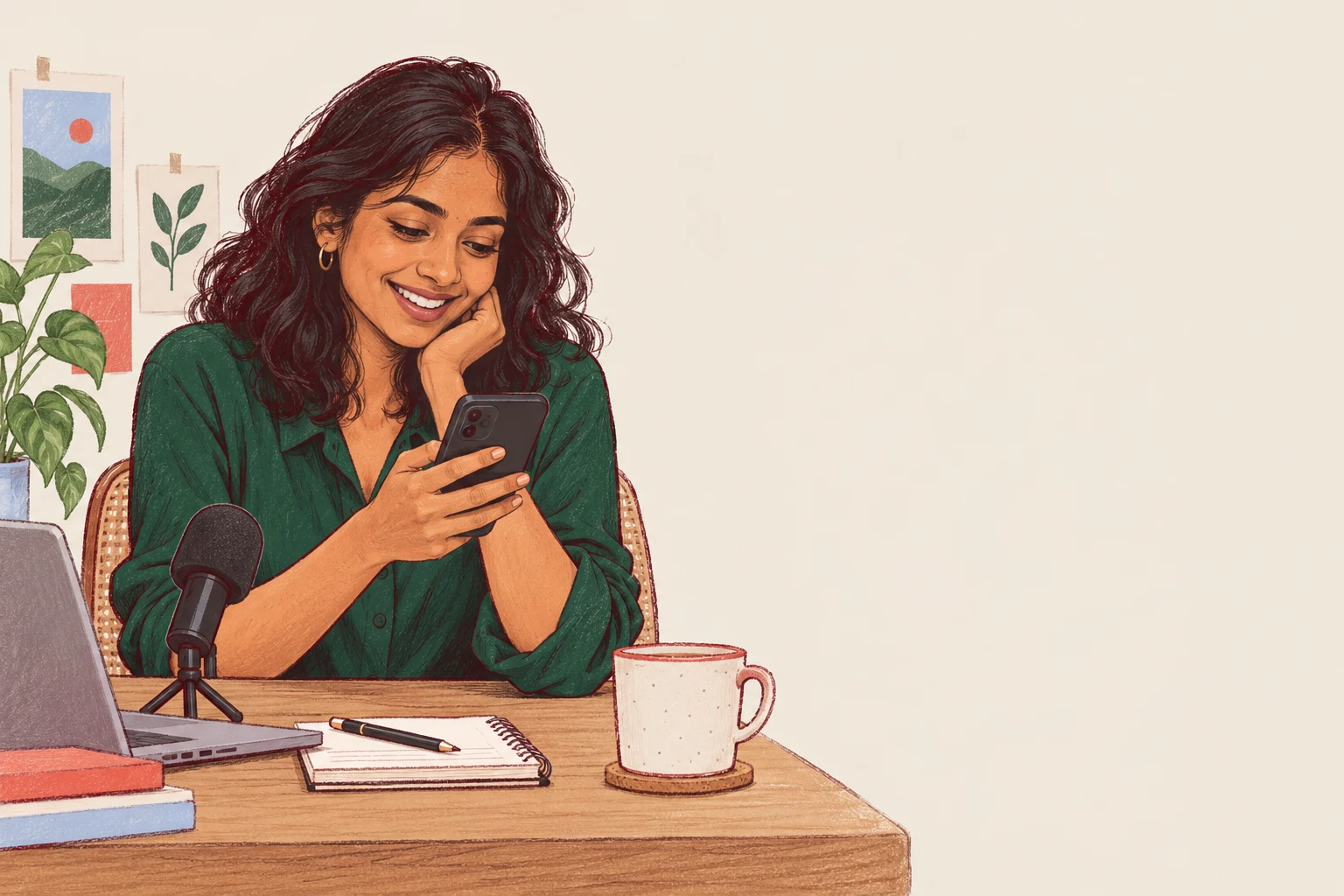 A creator smiling at her phone as fans contribute to her wishlist.